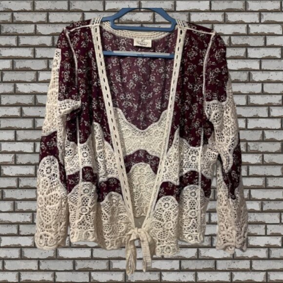 Ember Burgundy Red  Floral Ivory Lace Boho Cardigan Crochet Tie Large - Picture 1 of 11